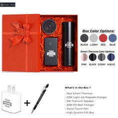 an orange box with various items in it, including a pen and other items to choose from