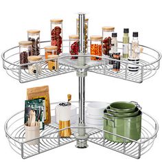 three tiered spice rack with spices and condiments on each side, holding various items