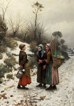 three women are standing in the snow with baskets on their heads and one is holding an umbrella