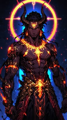 an image of a demon with horns and flames on his chest, standing in front of a