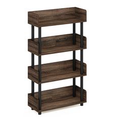 three tiered shelving unit with black metal legs and wood finish, on an isolated white background