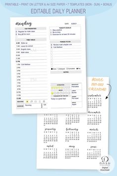 the editable daily planner printable is shown on top of a blue background and below it