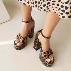 Shop Leopard Printed Chunky Heel Platform Sandals Ankle Strap Dress Shoes color Brown for Dancing Club, Date, Going out, Night Club, Party with worldwide Free shipping & Free return. Chunky Heel Platform Sandals, Dancing Club, Strap Dresses, Dance Club, Platform Heels Chunky, Club Party, Dresses Shoes, Shoe Size Chart, Shoes Color