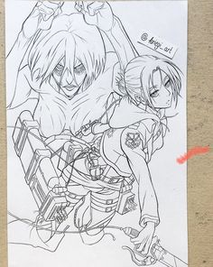 a drawing of two anime characters sitting next to each other on a piece of paper