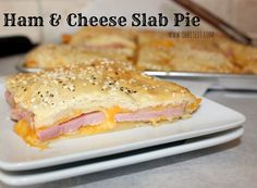 ham and cheese slab pie on a white plate