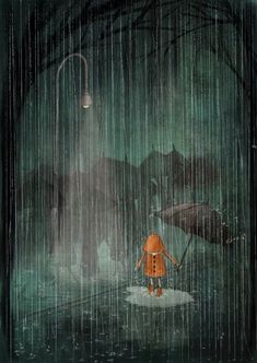 an illustration of a person walking in the rain with an umbrella and other people holding umbrellas