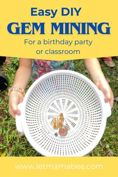 a girl holding a white basket with the words easy diy gems mine for a birthday party or classroom