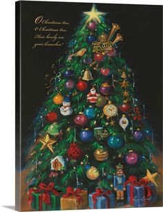 a christmas tree with ornaments and presents on it's bottom, in front of a black background