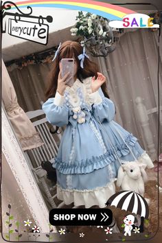 Japanese Gothic Lolita Dress Women Kawaii Bow Bear Lace Blue Dress Long Sleeve Princess Dress Female Cute Sweet Party Vestido Spring Harajuku Cosplay Dresses, Harajuku Style Cosplay Dress For Spring, Spring Cosplay Dress With Doll Collar, Harajuku Mini Dress For Costume Party, Kawaii Ruffled Costume Dress, Kawaii Ruffle Costume Dress, Harajuku Style Long Sleeve Costume Dress, Blue Kawaii Party Dresses, Kawaii Dress With Doll Collar For Costume Party