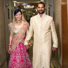 Indian Cricketer Shikhar Dhawan Wife Ayesha Mukherjee Cricketer Wife, Celebrity Couple, Indian Groom Wear, Shikhar Dhawan, Salwar Designs, Bollywood Wedding, Mediterranean Cuisine, Beautiful Suit, Groom Wear