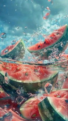 watermelon slices floating in the air with bubbles