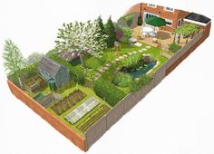 an illustration of a vegetable garden in the shape of a house, with lots of trees and shrubs