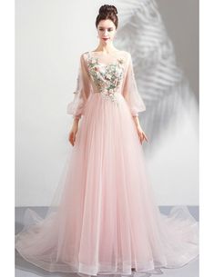 Pink Long Sleeve Dress With Sweep Train, Pink Sweep Train Dress For Spring, Pink Spring Dress With Sweep Train, Spring Pink Dress With Sweep Train, Spring Long Sleeve Gown With Fitted Bodice, Spring Full Length Gown With Fitted Bodice, Pink Fitted Gown With Long Sleeves, Prom Dress With Long Sleeves, Long Sleeve Prom Dresses