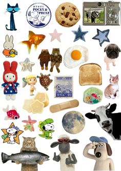 an assortment of food items are arranged in the shape of animals and cats, including bread, eggs, fish, cheese, cookies, and more