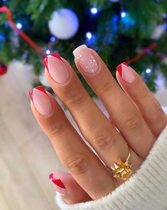 Red And White Christmas Nails, White Christmas Nails, Unghie Nail Art, Milky Nails, Nagel Tips, Cute Christmas Nails, Christmas Gel Nails, Red And White Christmas, Simple Gel Nails