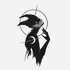 a black and white drawing of a person holding a circle with a bird on it