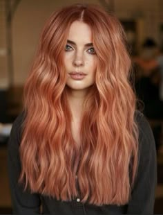 Strawberry Rose Gold Hair, Copper With Pink Highlights, Rose Gold Copper Hair Color, Cooper Rose Gold Hair, Red Rose Gold Hair, Rose Ginger Hair, Pastel Copper Hair, Ginger Balayage Blonde, Peach Hair Color Rose Gold