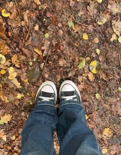 a person standing in the leaves with their shoes on