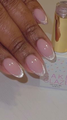 Satin Nails Design, Simple Elegant Gel Nails, Bubble Bath With Glitter Nails, Classy Nails Sparkle, Almond Gel Extension Nails, Powdered Nails Dipping, Simple Nail Designs For Wedding Guest, Twilight Nails Ideas, Glazed French Manicure