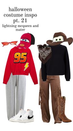 two children's clothing items with the words halloween costume inspo pt - 2 lightning mcqueen and mater