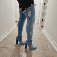 Brand New. Denim Thigh High Boots. Never Worn. Trendy Denim Knee-high Boots, Trendy Knee-high Denim Boots, Fitted Blue Jeans For Winter, Blue Jeans For Winter, Fitted Denim Knee-high Boots, Winter Ripped Fitted Jeans, Winter Fitted Ripped Jeans, Fitted Ripped Jeans For Winter, Blue Thigh-high Boots For Fall