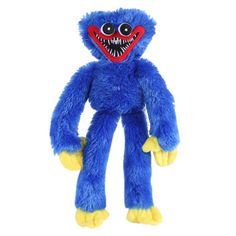 a blue stuffed animal with yellow feet and big eyes, on a white background in the shape of a monster