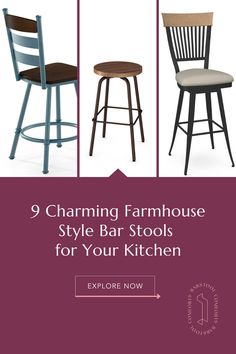 Charming farmhouse style bar stools for your kitchen Farmhouse Style Bar Stools, Distressed Wood Table, Farmhouse Colors, Red Barn Door, Farmhouse Stools, Modern Farmhouse Dining Room