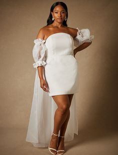 Bridal by ELOQUII Mini Dress With Puff Sleeve Cape | ELOQUII Wedding Dress With Pixie Hair, Plus Sized Courthouse Wedding Dress, Whit Dress Plus Size, White Court Wedding Dress In Nigeria, Bridal Shower Dress For Bride Puff Sleeve, Blazer Wedding Dress Plus Size, White Puff Sleeve Dress Plus Size, Civil Wedding Dress Courts Plus Size, Eloquii Bridal