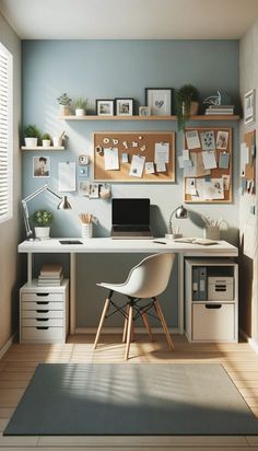 a room with a desk, chair and shelves filled with pictures on the wall above it