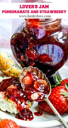 strawberry jam in a glass jar with strawberries on the side