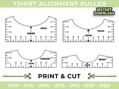 the tshirt alignment ruler is shown in three different sizes, and has an arrow pointing