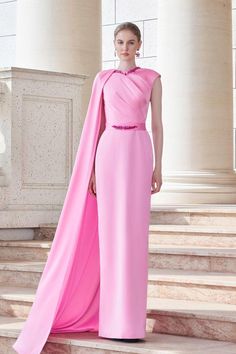 Elegant Evening Dress With Cape Sleeves For Banquet, Luxury Maxi Length Gown For Banquet, Luxury Full-length Maxi Dress For Evening, Elegant Cape Sleeves Maxi Dress For Banquet, Elegant Maxi Dress With Cape Sleeves For Banquet, Pink Evening Dress With Cape Sleeves For Formal Occasions, Pink Evening Dress With Cape Sleeves For Formal Events, Pink Formal Evening Dress With Cape Sleeves, Luxury Sheath Evening Dress