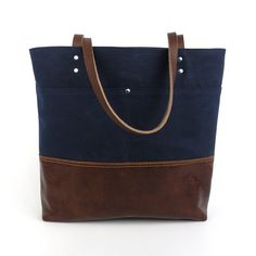 Waxed Canvas Tote, navy and brown tote, leather bottom bag, travel bag, computer tote, knitting bag, Luxury Navy Canvas Bags, Affordable Navy Canvas Bag, Work Travel Bag, Knitting Bag, Brown Tote, Commuter Bag, Bag Stand, Leather Card Case, Black Leather Tote