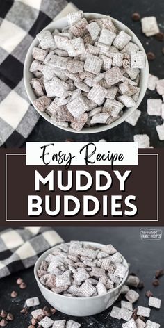 muddy buddies recipe in a white bowl on a black and white checkered tablecloth