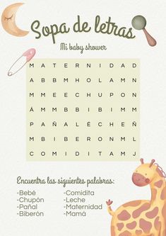 a giraffe and its baby names are shown in this spanish word searcher