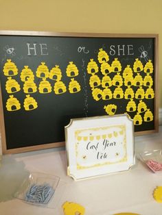 a blackboard with yellow and white decorations on it