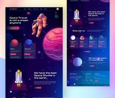 the landing page for space travel is shown in two different screens, one with an astronaut and