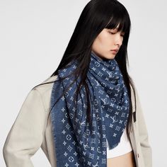 LOUIS VUITTON® - My Daily Denim Shawl - Blue Louis Vuitton Scarves, Denim Shawl, Lv Scarf, Louis Vuitton Paris, Soft Fringe, Louis Vuitton Scarf, Louis Vuitton Official, Denim Accessories, Cold Weather Accessories