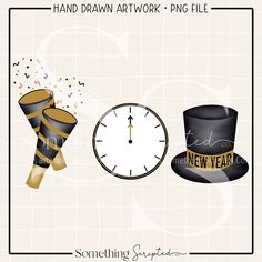 a clock, top hat and new year's eve sign with the words hand drawn artwork - png file