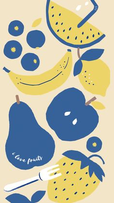 an illustration of blue and yellow fruit on a beige background