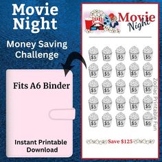 the movie night money saving challenge is shown with an image of a pink binder