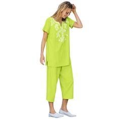 Woman Within Women's Plus Size Printed Tunic And Capri Set .This vibrant set is summer dressing at its best. This set consists of a split v-neck tunic and elastic waist capris. Relaxed, comfortable, and fun! V-neck tee and capriTop has 31 tunic lengthCapri has an elastic waistCapri has 21 inseamCotton knit; importedMachine washable . About the brand: At Woman Within were the experts in plus size comfort, and weve been doing this for over 100 years. No surprise then that were one of the go-to bra Ribbed Bodycon Midi Dress, Lace Sleeve Blouse, Summer Dressing, Capri Set, Chambray Top, Woman Within, Print Tunic, Lace Shirt, Henley Shirts