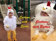 there are two pictures of children dressed as chickens and rooster costumes with boots on them