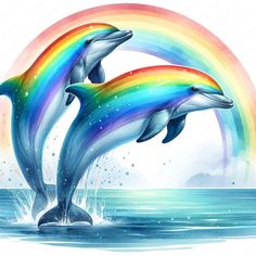 two dolphins jumping out of the water in front of a rainbow colored sky and clouds