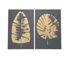 two paintings with gold leaf designs on grey background