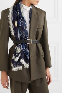 Belted Scarf, Printed Scarf Outfit, Alexander Mcqueen Scarf Outfit, Italian Scarf Outfit, Scarf Blazer Outfit, Scarf Over Blazer, Scarf With Suit, Blazer And Scarf Outfit, Blazer With Scarf