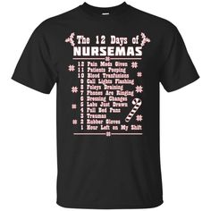 the 12 days of nursemas t - shirt in black with pink and white lettering