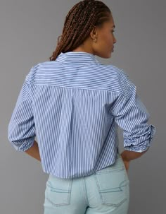 AE Cropped Perfect Button-Up Shirt Cheap Solid Color Button-up Bottoms, Crop Top Button Up Shirt Outfit, Cropped Button Up Shirt Outfit, Button Up Shirt Outfit, Cropped Button Up Shirt, Cropped Button Down, Crop Shirt, Button Up Shirt, Collar Shirts