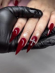 red nail ideas Spicy Nails Ideas, Vampire Nails Gothic Red, Red Stilettos Nails, Burgundy Stiletto Nails Design, Halloween Nails Red Black, Red Stilletos Nails Design, Dark Red Goth Nails, Deep Red Stiletto Nails, Deep Red Halloween Nails