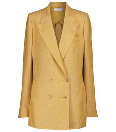 Update your warm weather suiting with the ''Butter Yellow'' Thomas blazer from Gabriela Hearst. Made from lightweight cashmere woven with linen, the relaxed-fit design is framed with padded shoulders and secured with a smart double-breasted front. Sweep yours over lustrous camisoles. | Gabriela Hearst Thomas cashmere and linen blazer Linen Blazer With Concealed Placket For Work, Luxury Linen Suit For Fall, Elegant Linen Fall Suits, Luxury Linen Suits For Fall, Elegant Linen Suits For Fall, Spring Linen Business Blazer, Chic Linen Business Suits, Luxury Notch Lapel Blazer For Spring, Luxury Linen Workwear Outerwear